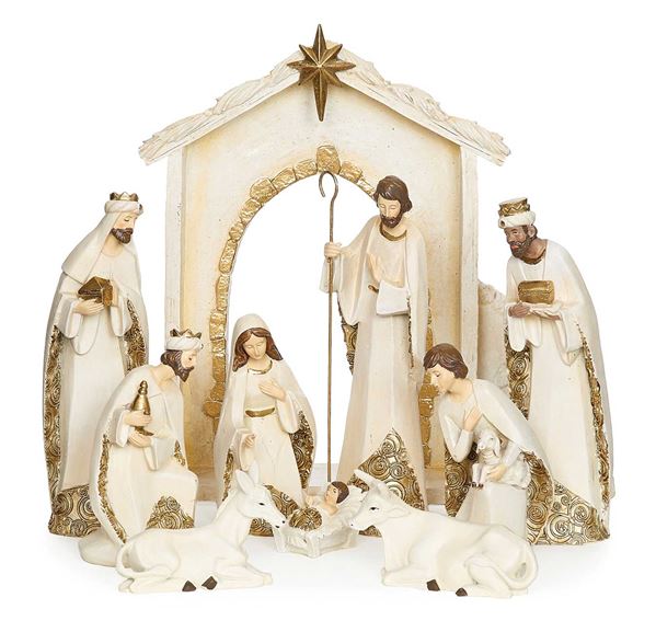 10 Piece Stone Finish Nativity Set with Stable