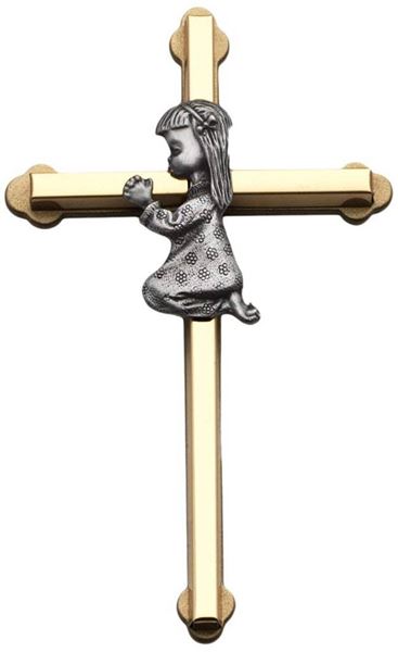 7 Inch Brass, Pewter and Oak Wood Baby Girl Wall Cross